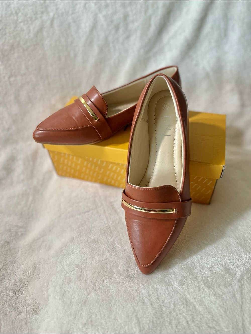 Classic Pointed Toe Loafers in Brown with Gold Accent
